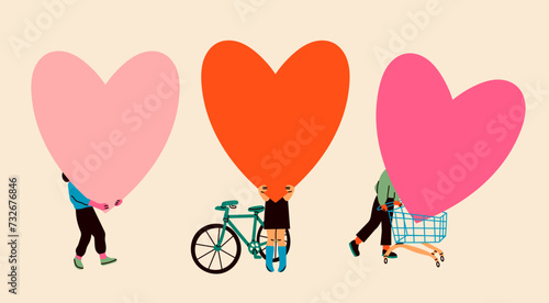 People hold big blank Hearts. Persons with bicycle, carrying heart in shopping cart. Cartoon style. Hand drawn Vector illustration. Love, Valentine's day, romance concept. Isolated elements © Dariia