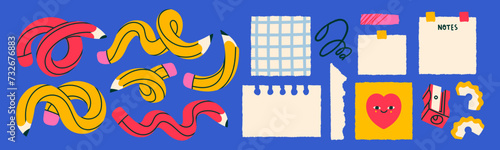 Twisted, bended, curved pencils, sharpener, blank paper, sticky note. Reminder, office, planner concept. Hand drawn Vector illustration. Cartoon style. Isolated elements. Design templates