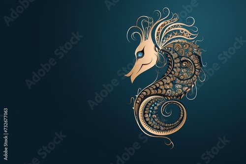 Intricate seahorse face logo illustration with delicate details, symbolizing uniqueness and tranquility, isolated on a contemporary and minimalist background