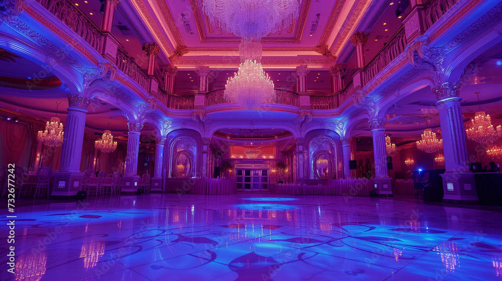 Luxurious Grand Ballroom with Opulent Chandeliers and Vibrant Lighting for an Exclusive Event or Celebration