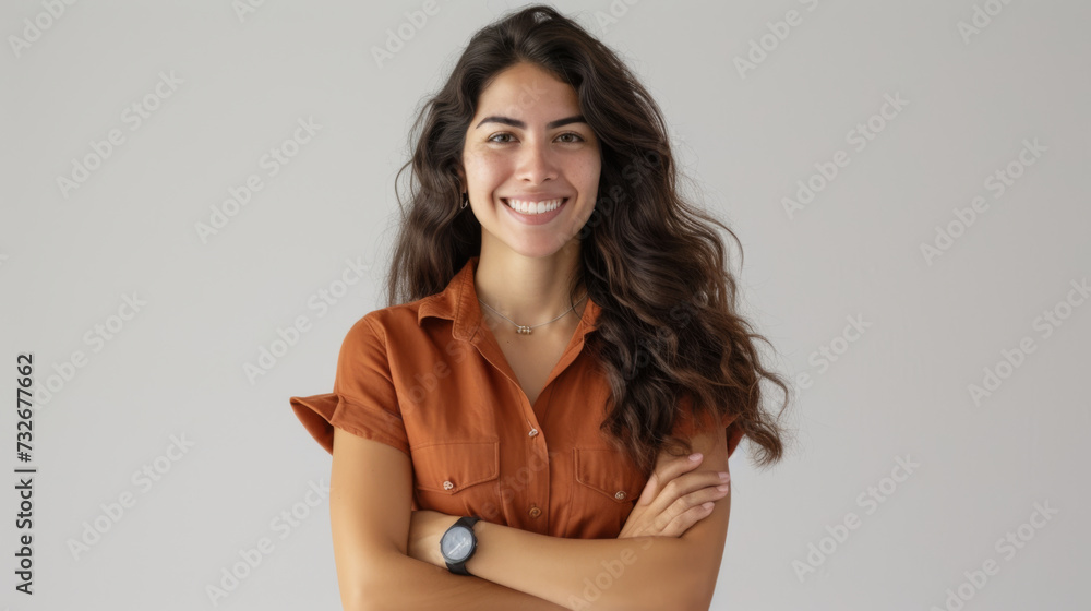 a cheerful young woman with long wavy hair, wearing an orange blouse, standing with her arms crossed against a neutral gray background a cheerful young woman with long wavy hair, wearing an orange blouse, standing with her arms crossed against a neutral gray background
