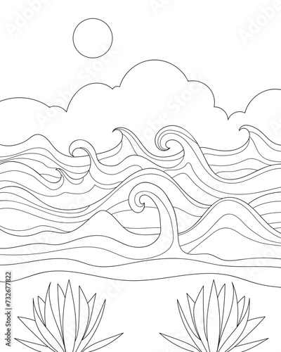 Sea waves, sun, clouds. Coloring page, black and white vector illustration. photo