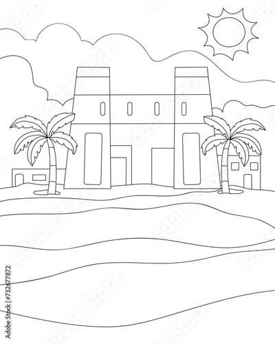 Egyptian palace., woman with wings. Painting on the wall. Coloring page, black and white vector illustration.