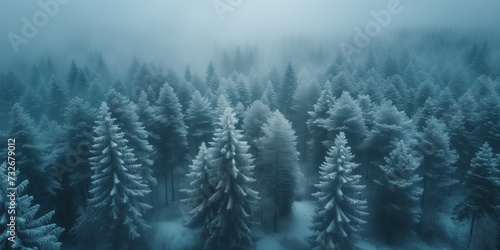 aerial view of foggy winter landscape with coniferous forest