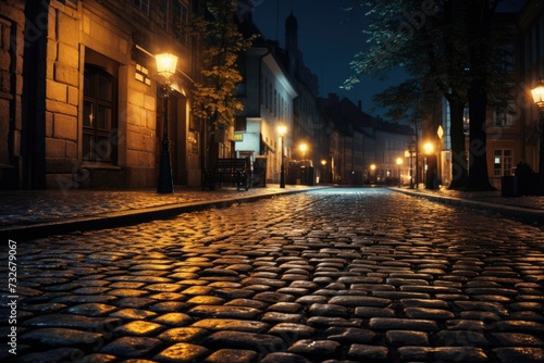 Night on the Cobblestone Streets of Europe: Old City Architecture with Illuminated Building