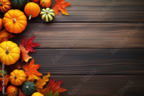 Happy Thanksgiving Greeting Card with Colorful Pumpkins, Squash, and Leaves on Dark Wood Background