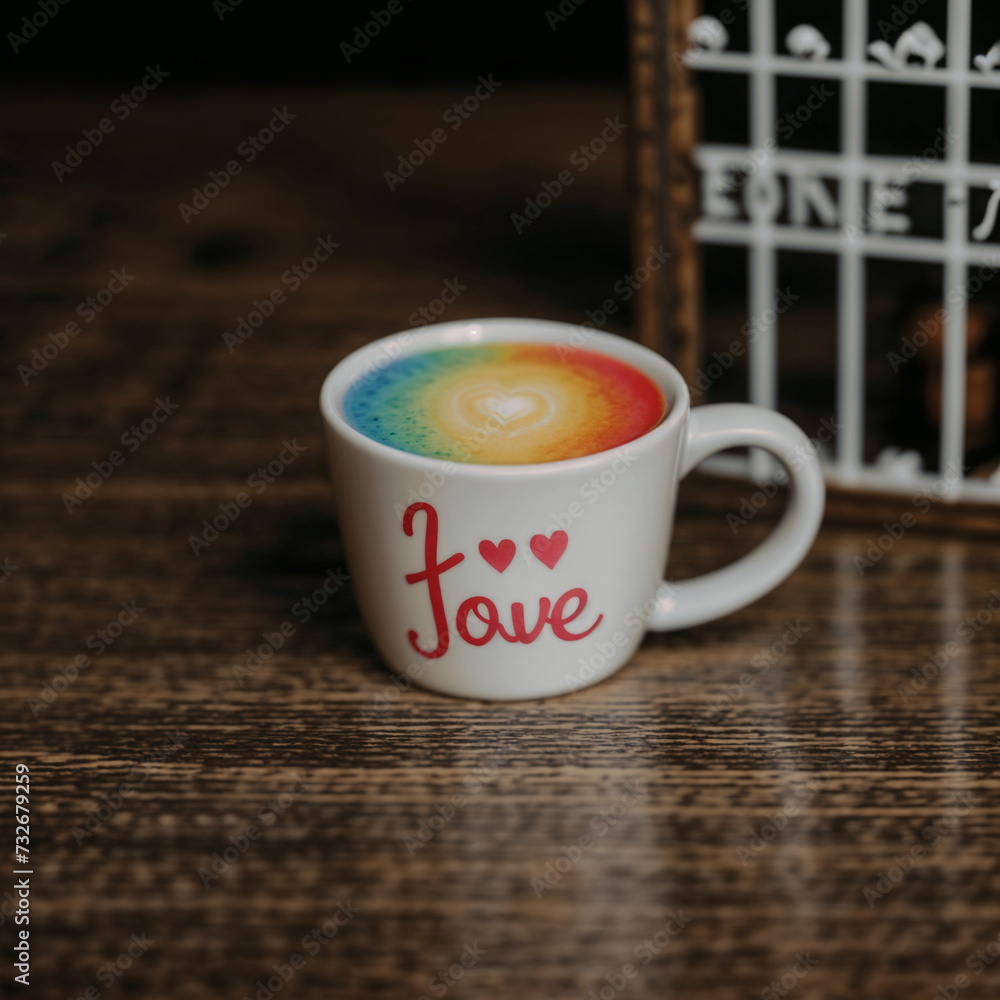 A coffee cup with the word love on it sits on a wooden table. ai generative A coffee cup with the word love on it sits on a wooden table. ai generative