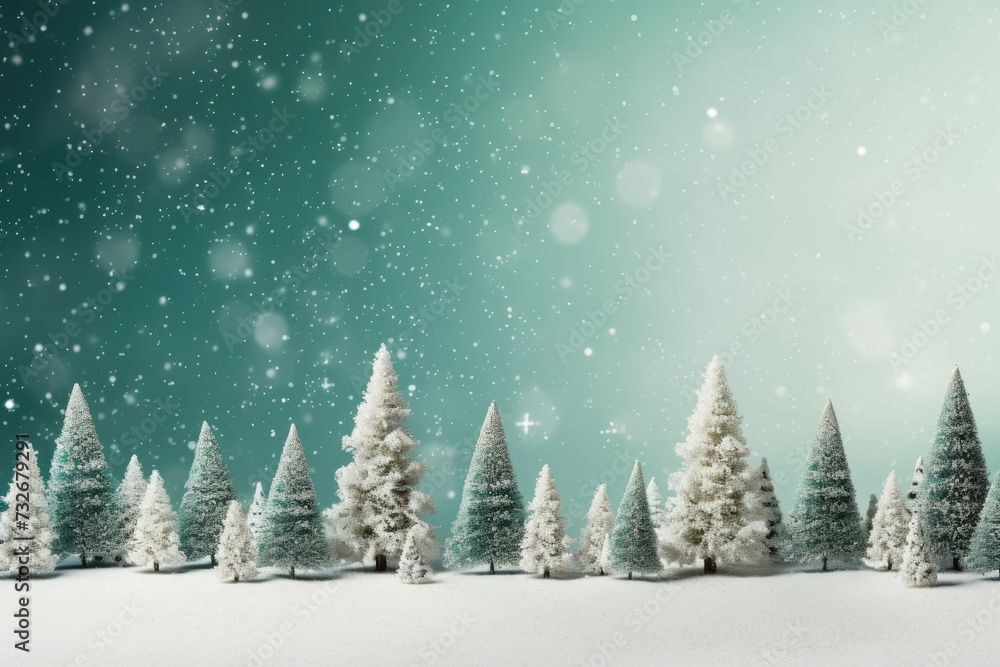 Vintage Christmas Bottle Brush Trees on White Snow Background - Festive Holiday Decoration