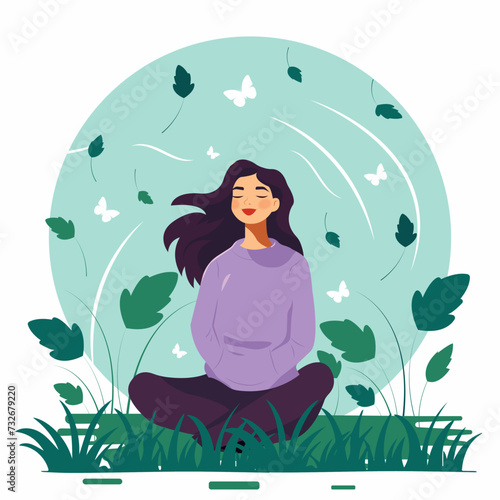Vector flat illustration of a young beautiful girl meditating on green grass.