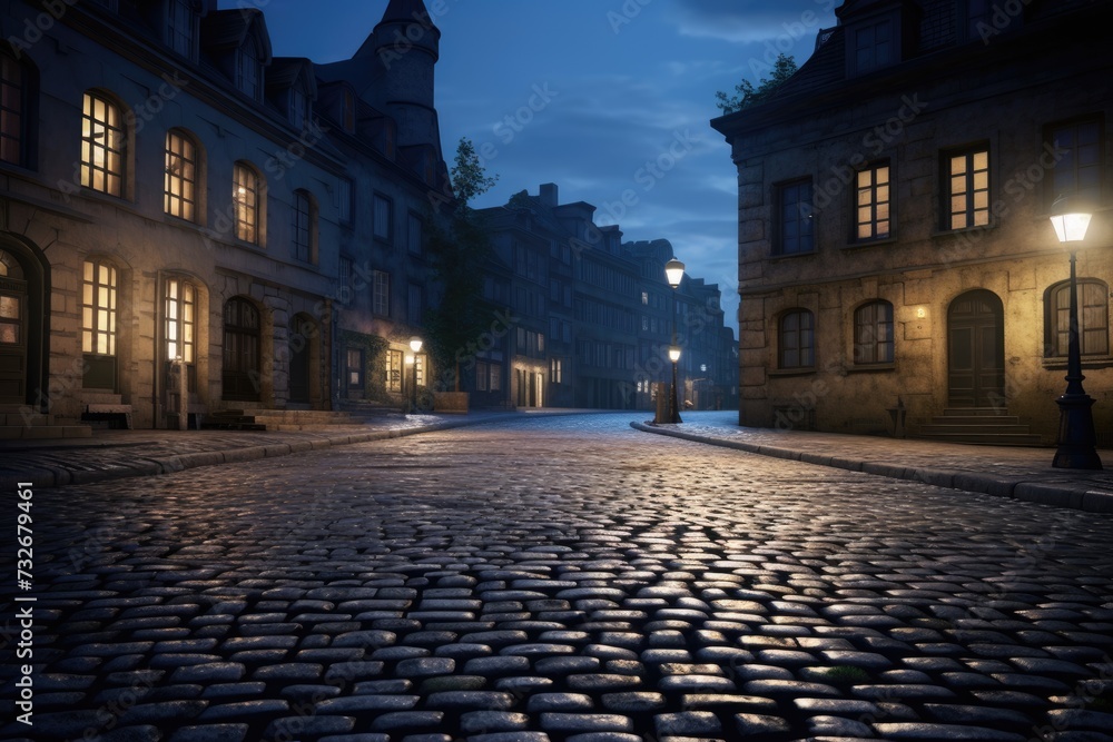 Nighttime Cobblestone Street with Shining Street Lights and Architecture in Old Town