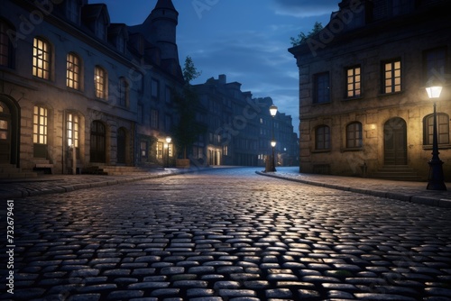 Nighttime Cobblestone Street with Shining Street Lights and Architecture in Old Town © Serhii