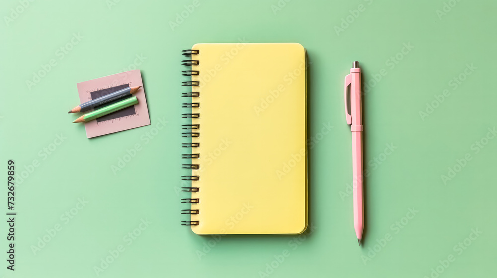 A school notebook rests on a green background, atop a table. A school notebook rests on a green background, atop a table.