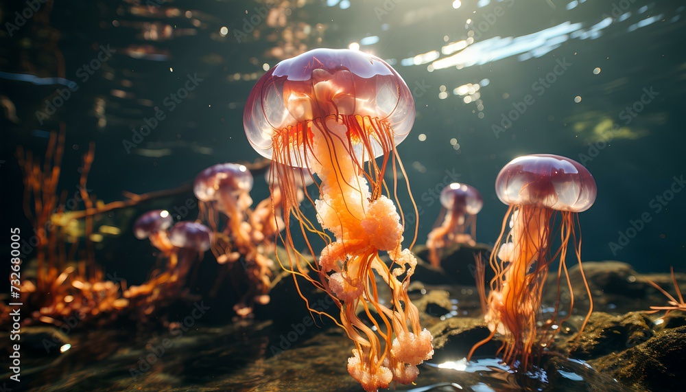 jellyfish in the sea. jellyfish in the water. Cnidarians. medusa. tentacles and stinging cells. Planktonic animals inside the ocean - obrazy, fototapety, plakaty 