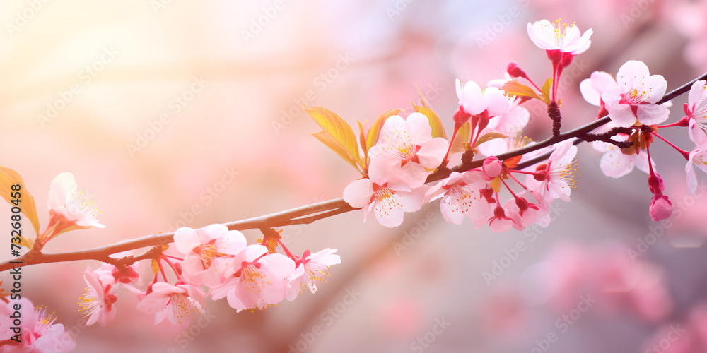 Beautiful spring nature background with pink cherry blossom flowers close up macro.