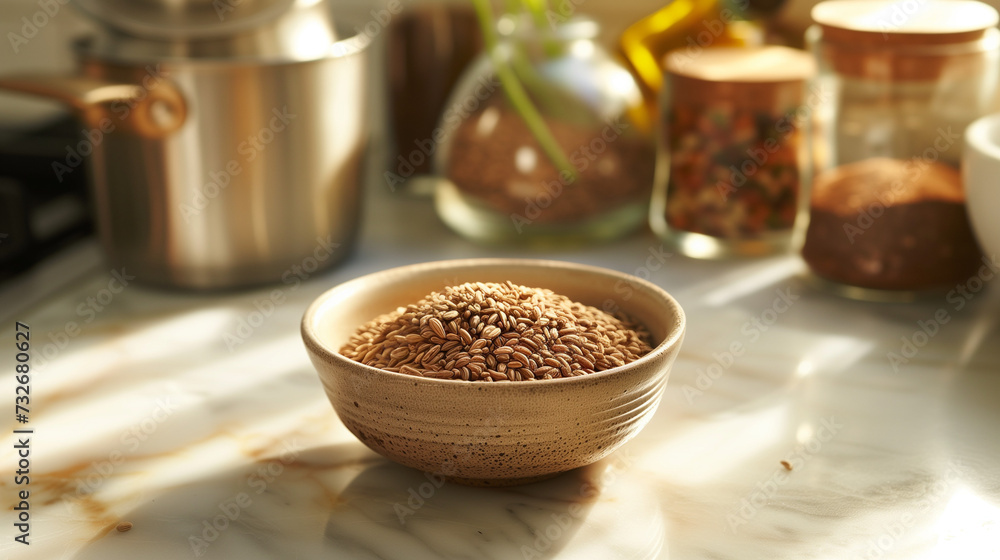 Whole cumin seeds in a small ceramic bowl on a kitchen countertop, surrounded by other spices