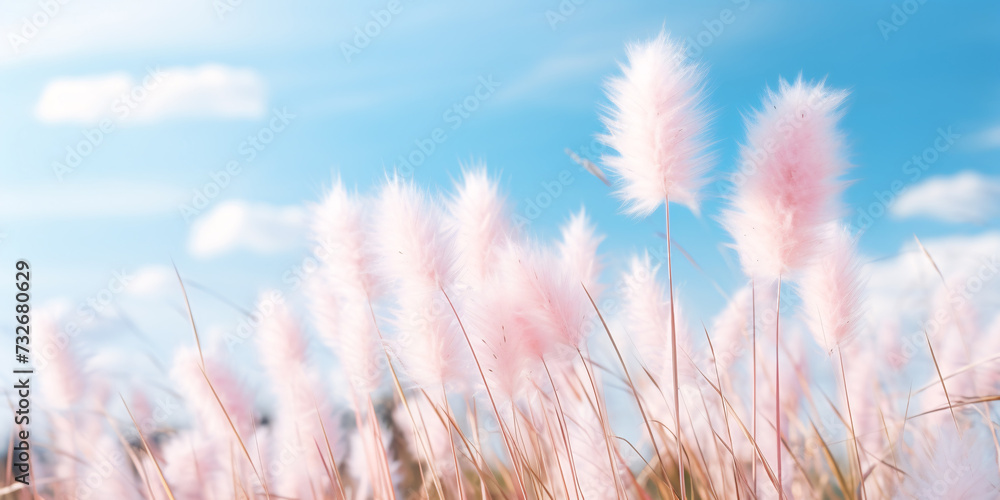 Beautiful fluffy wild pink grass in nature. A fine artistic depiction of the beauty of the environment. Soft focus.