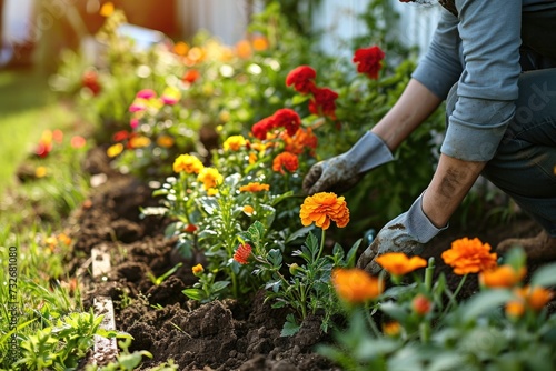 Summer Gardening Bliss: Woman Cultivating Flowers in Home Garden Bed © AIGen