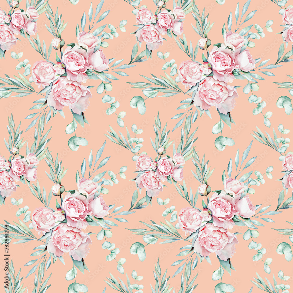 Peony and eucalyptus branches, leaves botanical watercolor seamless pattern textile design wallpaper pink peach fuzz