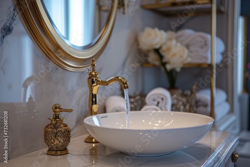 Luxurious Bathroom Interior with Elegant Golden Faucet and Stylish Decorations