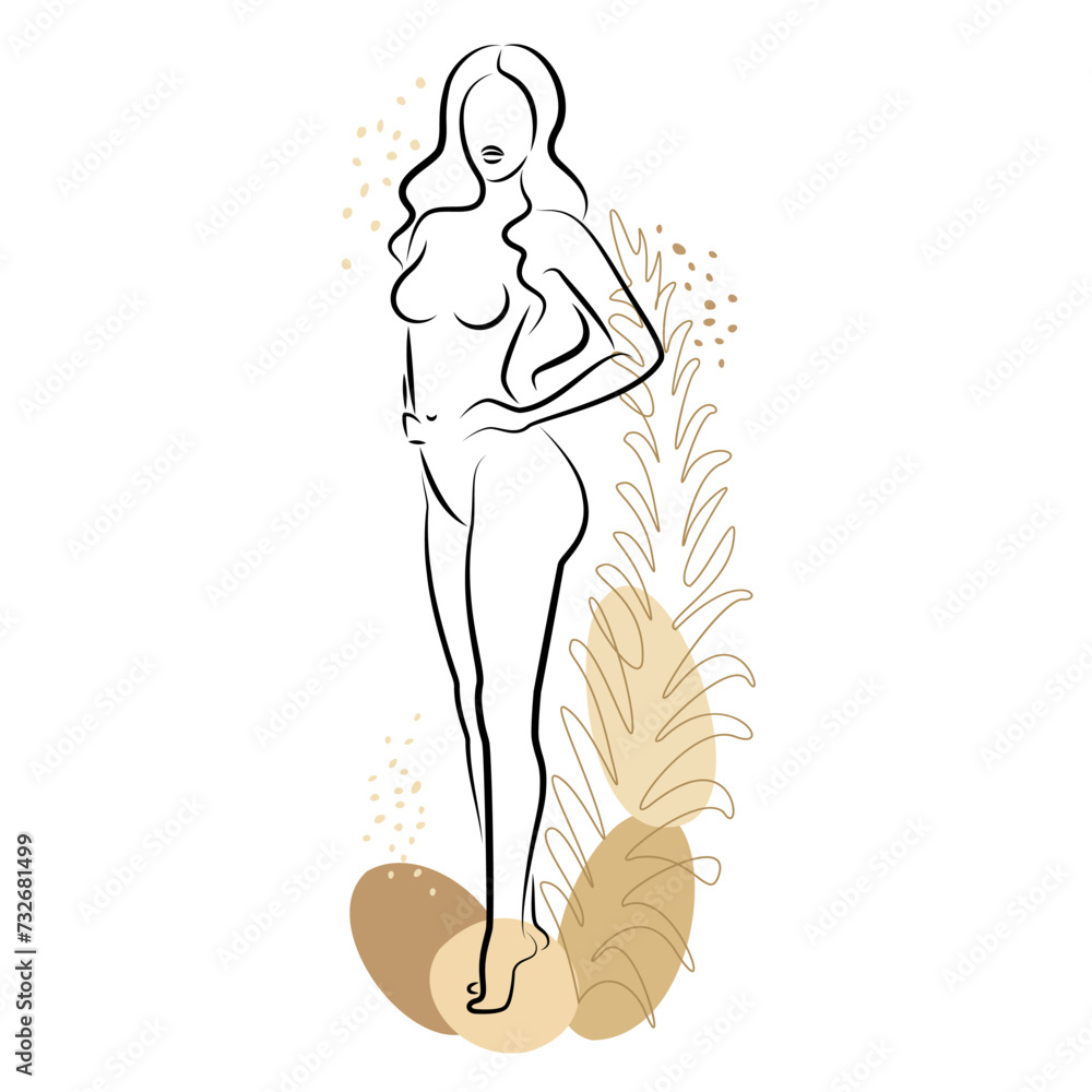 Silhouette of a cute lady and leaves of a plant. The girl is standing. The woman has a beautiful naked figure. She is young and slim. Vector illustration Silhouette of a cute lady and leaves of a plant. The girl is standing. The woman has a beautiful naked figure. She is young and slim. Vector illustration