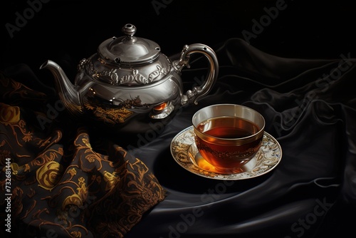 a silver teapot sits on a dark table setting, tea in a black teapot on fabric, a teapot and cup on a black background, silver teapot on a black cloth