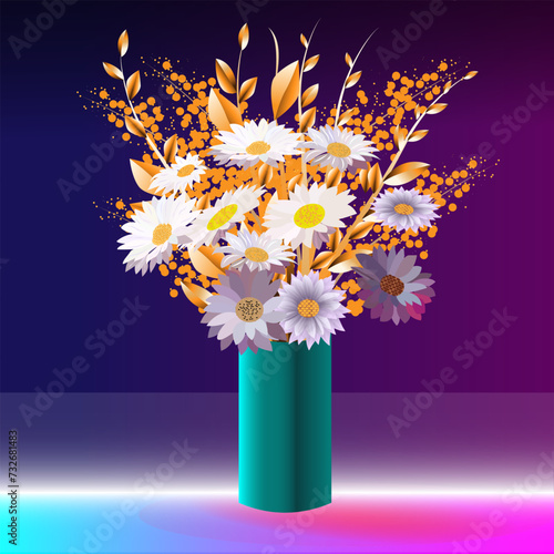 daisies and mimos with bgolden leaves in vase photo