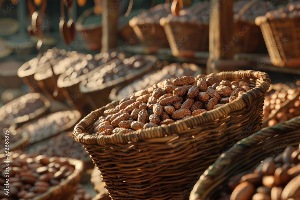 Lots of cocoa beans in baskets