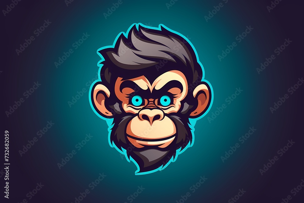 Whimsical monkey face logo with a playful and friendly expression, perfect for a lively brand, showcased against a vibrant and energetic background