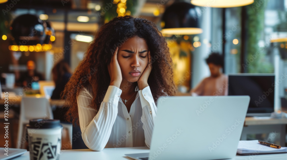 young woman sitting in front of a laptop with her hands on her temples, appearing stressed or frustrated. young woman sitting in front of a laptop with her hands on her temples, appearing stressed or frustrated.