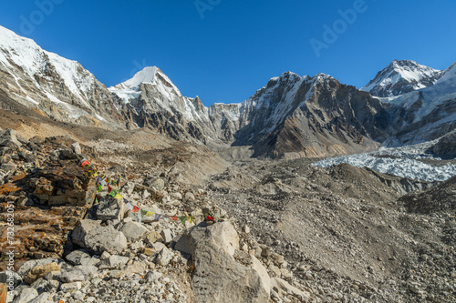 View of Lingtren, Khumbutse, Changtse Mountains, Lho La pass and Khumbu Glacier from Everest Base Camp during EBC or Three Passes trekking in Khumjung, Nepal. Highest mountains in the world.