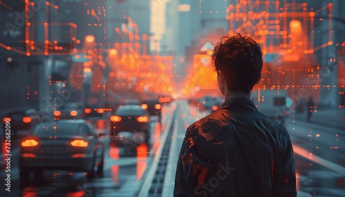 Advanced Transportation Technologies with AI, Highlight advanced transportation technologies with an image of a man utilizing AI-driven tools in transportation, AI 