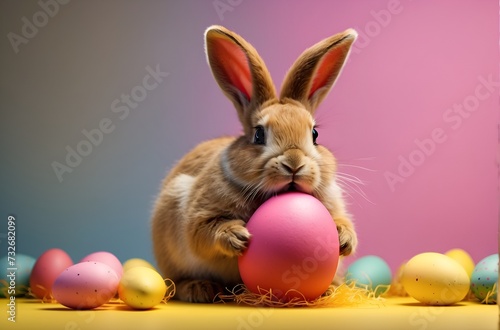 Bunny holds a pink Easter egg surrounded by colorful eggs  Playful easter bunny.