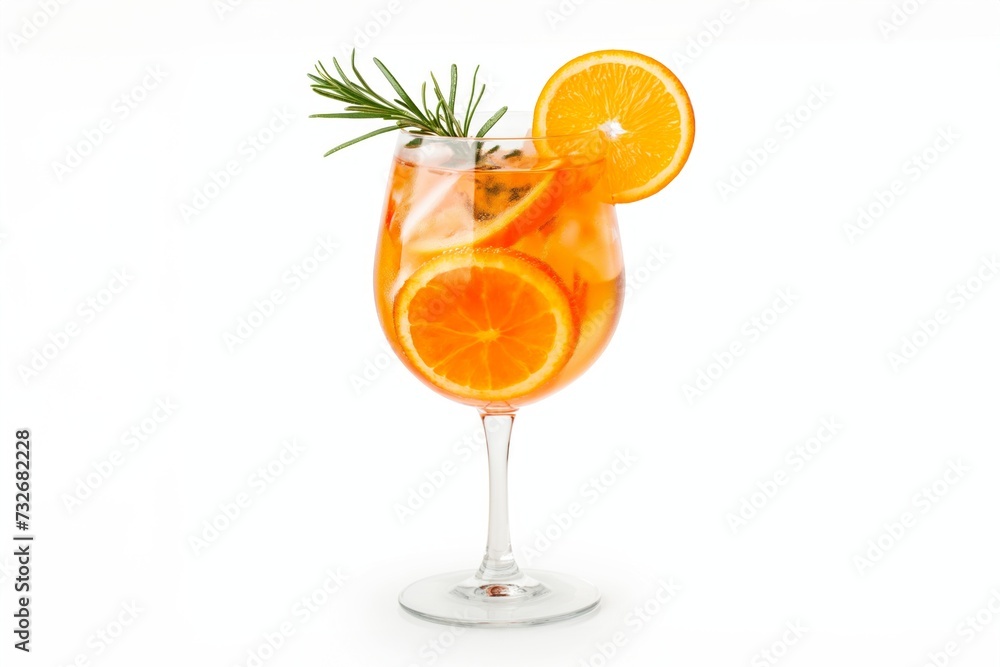 A glass of Aperol Spritz cocktail with oranges and rosemary sprig isolated on white background A glass of Aperol Spritz cocktail with oranges and rosemary sprig isolated on white background