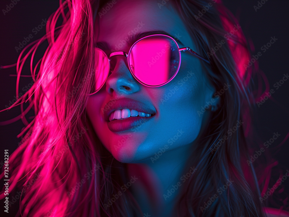 Portrait of a girl in neon light with cyberpunk sunglasses. Portrait of a girl in neon light with cyberpunk sunglasses.