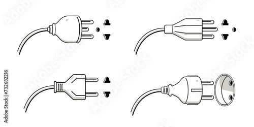 Different types of electric plug and power socket icons. Set of wall electrical appliances isolated on white background
