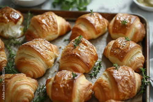 freshly baked croissants on grey wooden table, top view