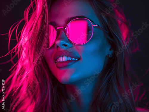 Portrait of a girl in neon light with cyberpunk sunglasses.