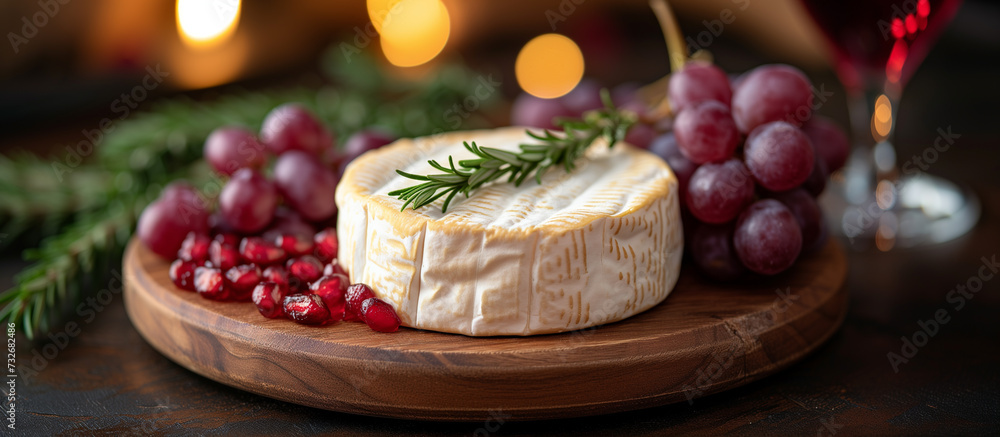 Brie, camembert cheese, grapes and pomegranate. Healthy food, appetizer, snack. 