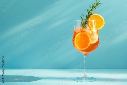 A glass of Aperol Spritz cocktail with oranges and rosemary sprig on blue background in sunlight