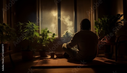 Relaxed man enjoying a cannabis smoke in his room, surrounded by homegrown cannabis plants. Emphasizing the personal aspect of cannabis usage.