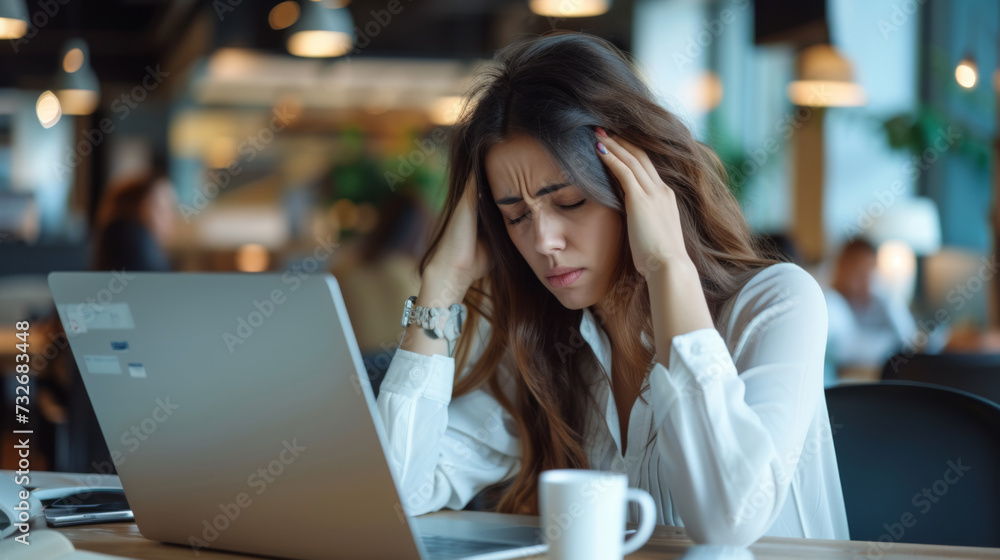 young woman sitting in front of a laptop with her hands on her temples, appearing stressed or frustrated. young woman sitting in front of a laptop with her hands on her temples, appearing stressed or frustrated.