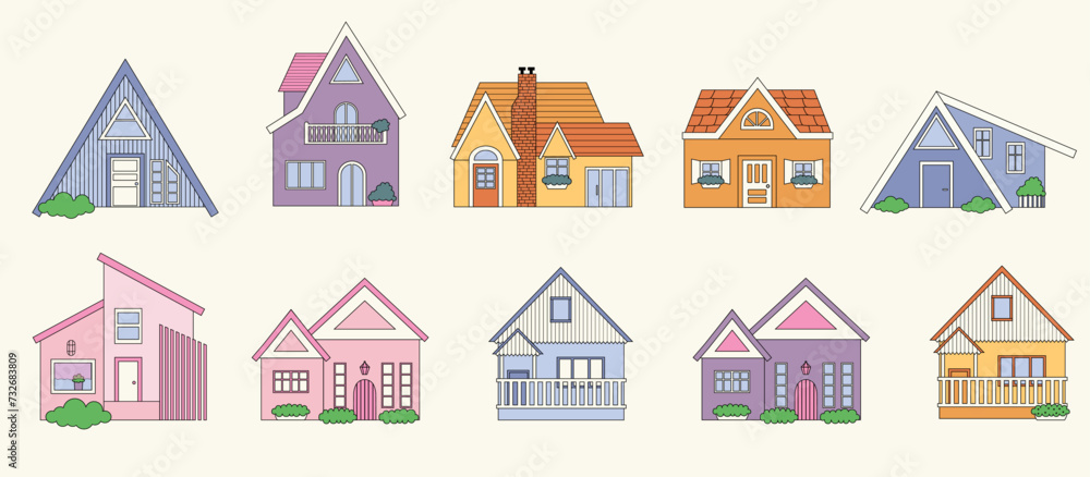 Vector set with houses. Architecture. Vector colorful house flat illustration. Home facade with doors and windows. House design. Hand-drawn Vector set. Every building is isolated.