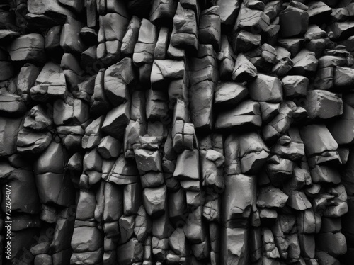 a close up of a black and white photo of a wall with a pattern of rocks on the side of it and a black and white photo of rocks on the other side of the wall.