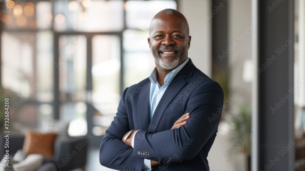 A cheerful man in a suit and tie stands confidently in an office environment, exuding professionalism and happiness. A cheerful man in a suit and tie stands confidently in an office environment, exuding professionalism and happiness.