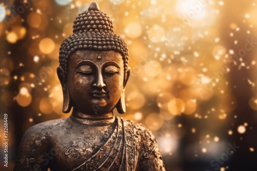 Buddha statue with golden bokeh light background © Bulder Creative
