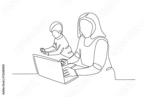 A woman works while caring for children © stlineart