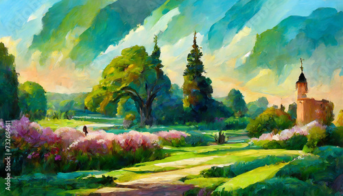 Print op canvas Oil painting garden landscape, plants, trees and flowers in spring forest sunset