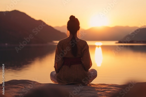 Woman meditating in a Yoga pose or Lotus position at the Sea in Sunset and reflection of sunlight. Nature meditation and spa like zen