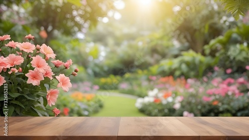 Summer Day at a Lush Pink Flower Garden With Wooden Foreground