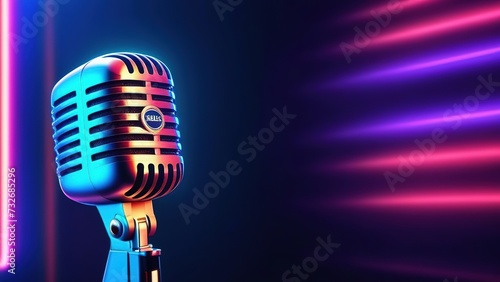 Microphone close-up, neon blue color in the background, Microphone on a blurred background of the club with a place to copy. A banner template for a karaoke club.